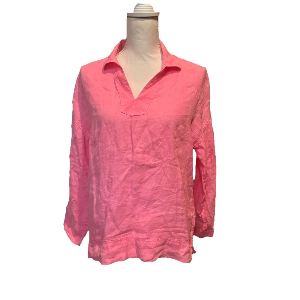 C & C California Top XS Hot Pink 100% Linen Long Sleeve With Collar V-Neck